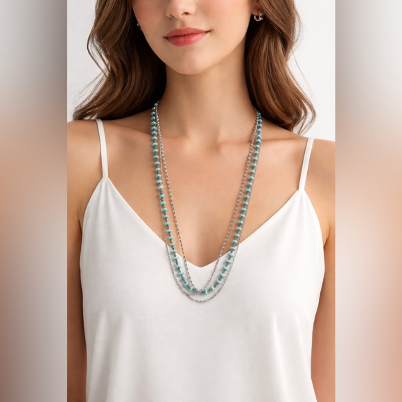 Jewelry - Turquoise Multi-strand Boho Necklace Silver Toned Chains 28”